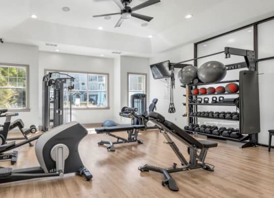 a home gym with exercise equipment and a mirror at Marina Point, Tennessee