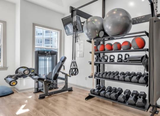 the gym is equipped with dumbbells and other exercise equipment at Marina Point, Chattanooga Tennessee