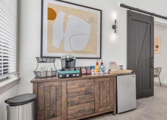 a kitchen with a counter and a refrigerator and a sliding door at Marina Point, Chattanooga Tennessee