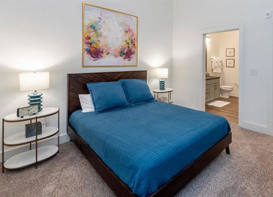 a bedroom with a bed and a door to a bathroom at Livingston Flats Apartments, Chesterfield, VA, 23832