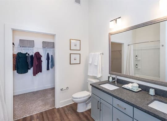 a bathroom with a large mirror and a toilet at  Livingston Flats Apartments, Virginia