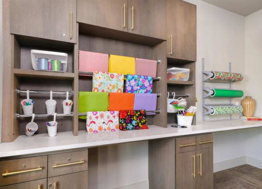 a craft room with wood cabinets and colorful boxes on the shelves at Artistry at Winterfield Apartments, Midlothian, Virginia