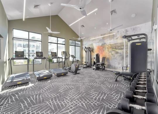 a fitness room with treadmills and other exercise equipment at Artistry at Winterfield Apartments, Midlothian, VA, 23112