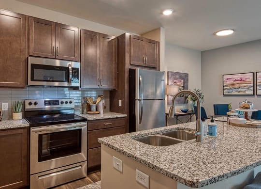 a kitchen with stainless steel appliances and a granite counter top  at Sapphire at Centerpointe, Virginia, 23114