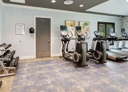 a gym with treadmills and other exercise equipment at Trails at Short Pump Apartments, Richmond, VA, 23233