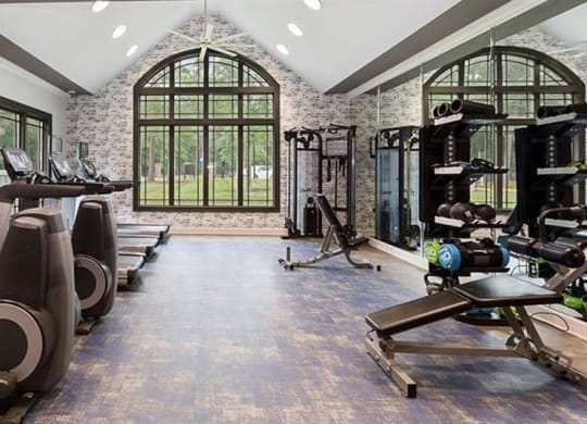 a gym with treadmills and other exercise equipment at Trails at Short Pump Apartments, Richmond, VA