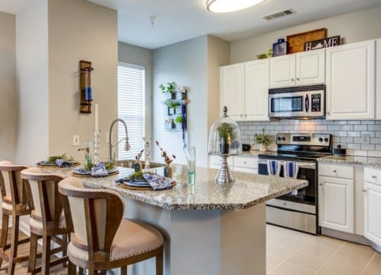 a kitchen with a counter top and a stove top oven at Sterling Manor, Williamsburg