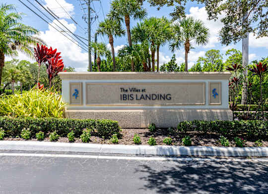 A sign for The Villas at Ibis Landing is shown in front of a row of palm trees.