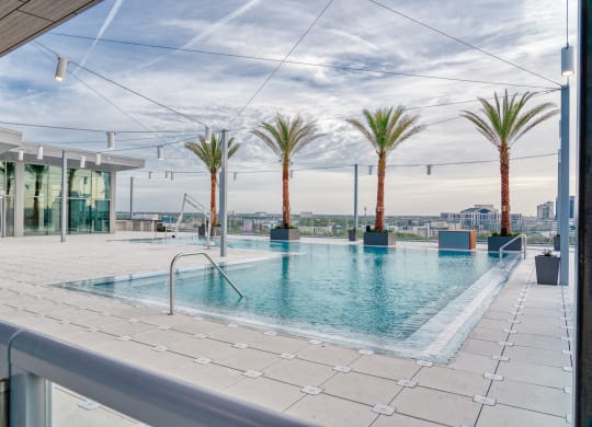 a swimming pool on the roof of a building with palm trees at Vista Brooklynn Apartments, Jacksonville, FL, 32202