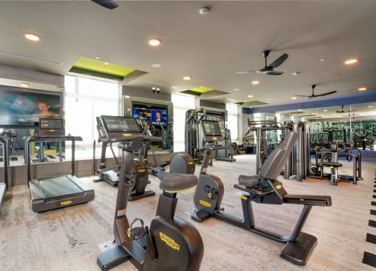 a gym with cardio machines and other exercise equipment in a building with windows at Vista Brooklynn Apartments, Florida, 32202