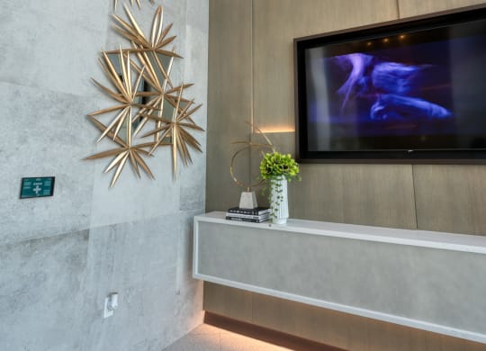 a living room with a tv and decorations on the wall at Vista Brooklynn Apartments, Florida, 32202