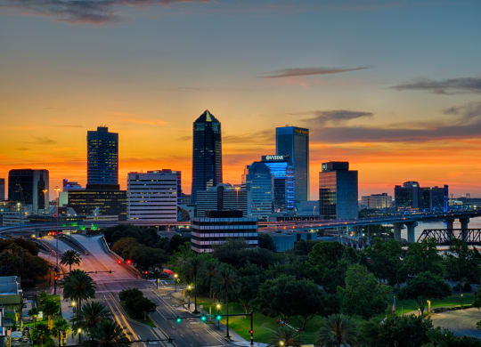a view of the city skyline at sunset in the city at Vista Brooklynn Apartments, Florida
