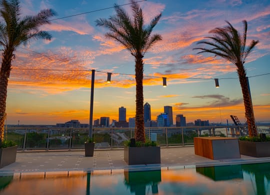 a view of the city skyline from a swimming pool at sunset at Vista Brooklynn Apartments, Jacksonville, 32202