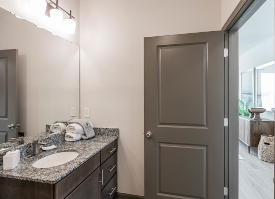 a bathroom with a sink and a mirror and a door at Village at Westland Cove Apartments, Knoxville, TN, 37922