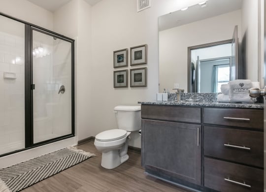 a bathroom with a shower and a toilet and a sink at Village at Westland Cove Apartments, Tennessee, 37922
