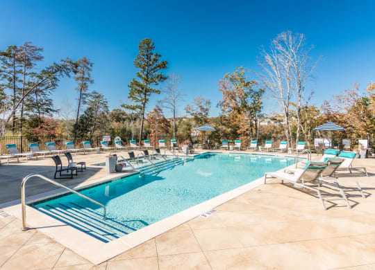 our resort style swimming pool is surrounded by lounge chairs and trees at Village at Westland Cove Apartments, Tennessee