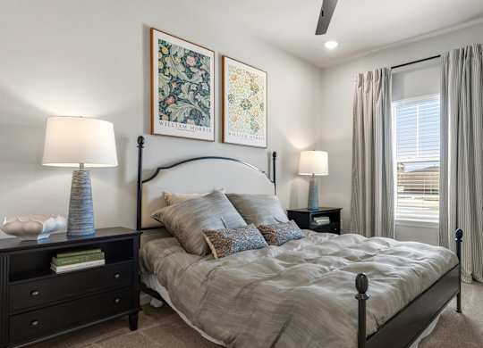 A bedroom with a large bed, a nightstand with a lamp, and two wall art pieces.