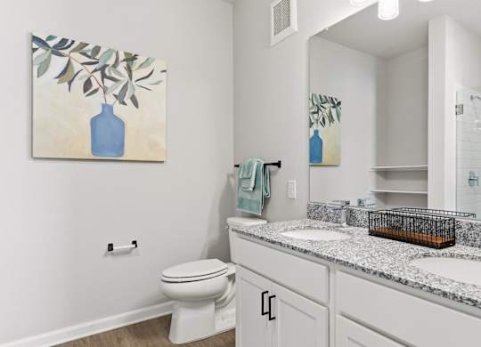 A bathroom with a toilet, sink, and mirror.