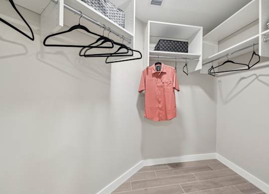 A pink shirt hanging on a hanger in a white closet.