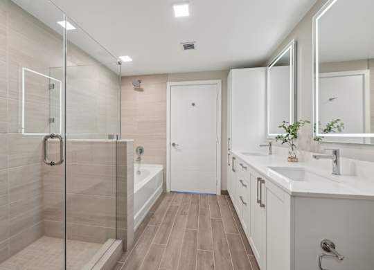 A modern bathroom with a walk-in shower and double sinks.