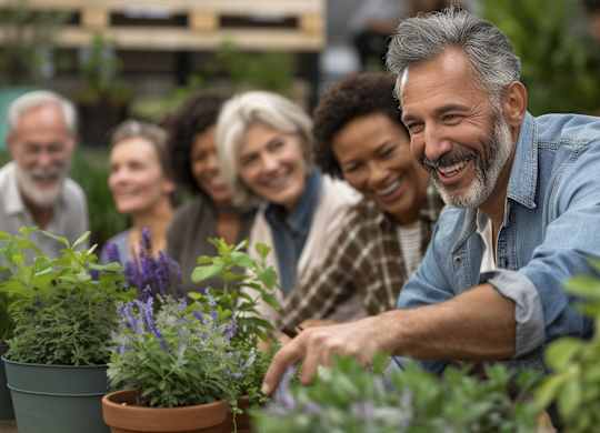 A group of people are gathered around a man who is tending to plants.