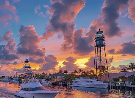 A boat is docked near a lighthouse on a calm body of water.