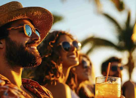 A man in a straw hat and sunglasses holds a drink in front of a group of people.