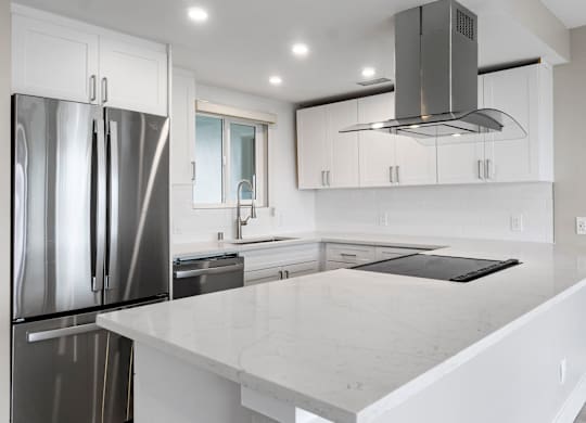 A modern kitchen with a marble countertop and stainless steel appliances.