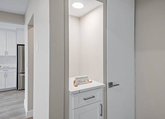 A white door with a sign on it in a kitchen.