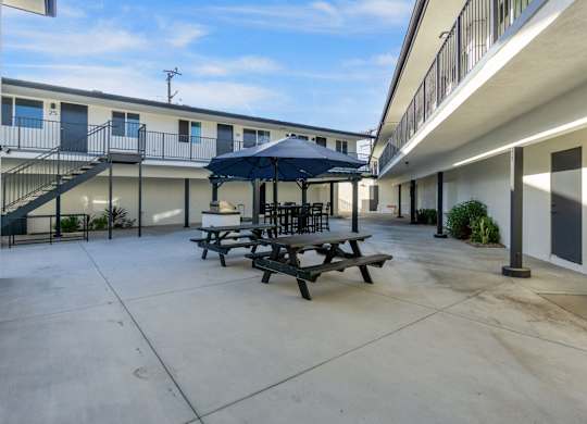 Courtyard Shaded Patio at Torrance Gateway Apartments, California