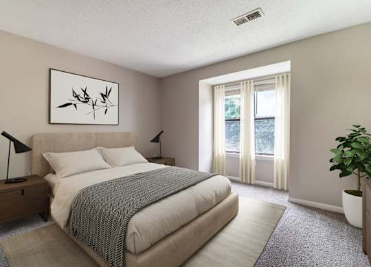 A bedroom with a large bed, a nightstand with a lamp, a framed picture on the wall, a window with curtains, and a potted plant.