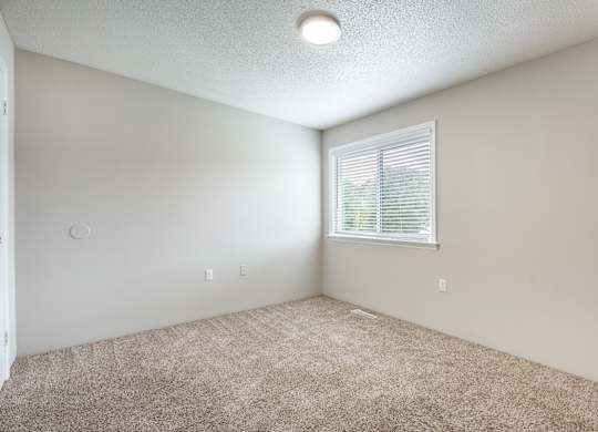 A room with a window and carpeted floor.
