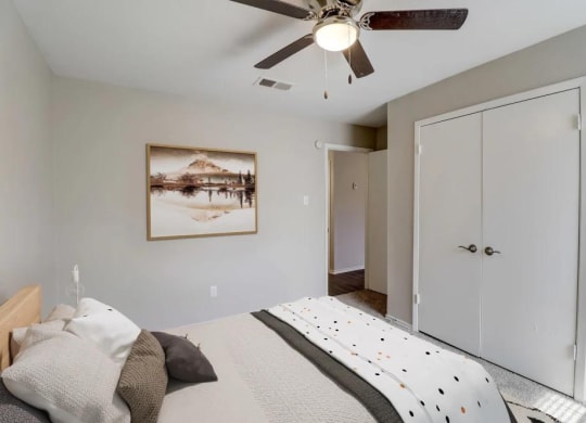 a bedroom with a bed and a ceiling fan