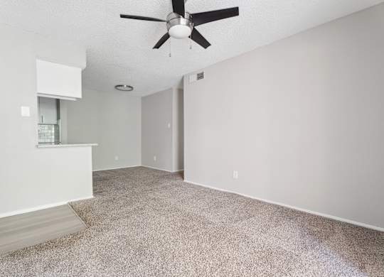 A room with a ceiling fan and carpeted floor. at Anson at North Hills, Raleigh, North Carolina