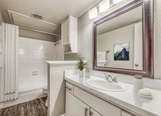 Clean bathroom with vanity and tub shower combo at Northwood Heights Apartments, Dallas, TX 75248