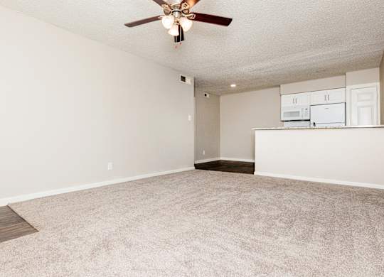 A room with a ceiling fan and carpeted floor.