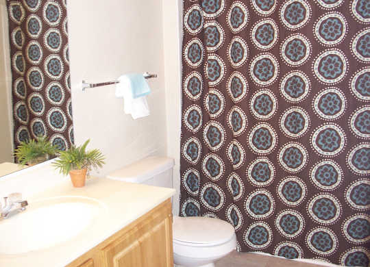 A bathroom with a brown and blue shower curtain.