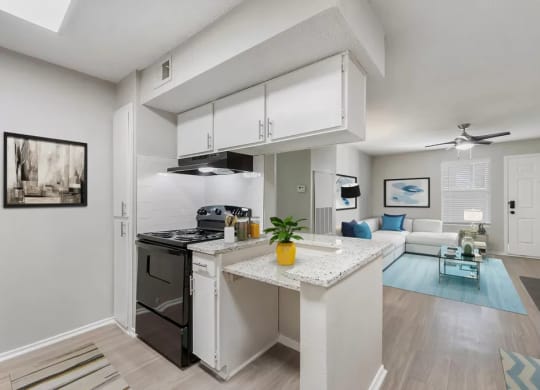 a kitchen and living room with a counter top