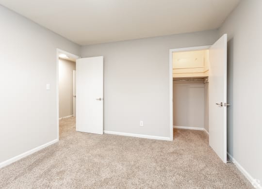 an empty bedroom with two closets and a carpeted floor