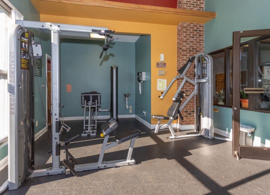 a gym with weights and a ladder and a glass door