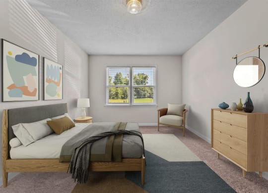 a bedroom with a bed and a dresser and a window