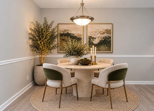 A dining room with a table set for four and a painting on the wall.