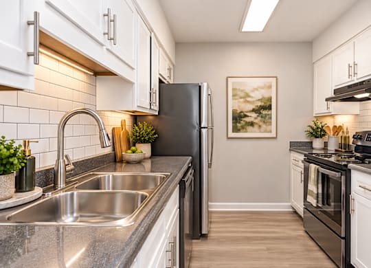 A modern kitchen with a black refrigerator and stove.