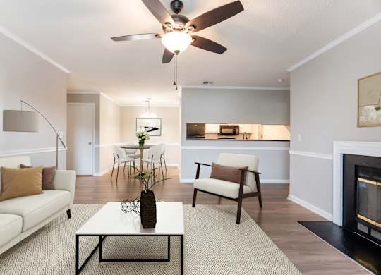 Living Room With Kitchen View at Rosewood at Colony Square, Rocky Mount, 27804
