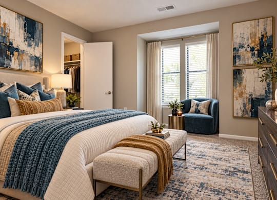 A bedroom with a large bed and a chair.