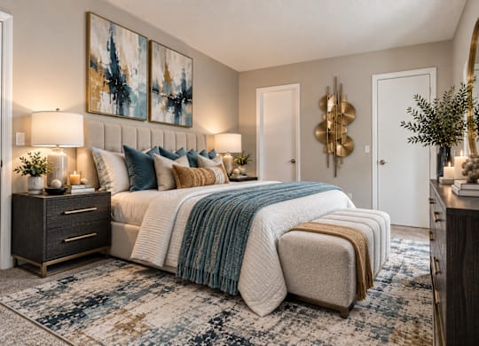 A bedroom with a large bed and a painting on the wall.