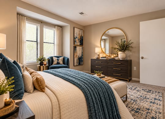 A bedroom with a large bed and a dresser with a mirror above it.