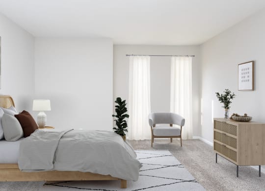 a bedroom with a bed and a chair and a dresser