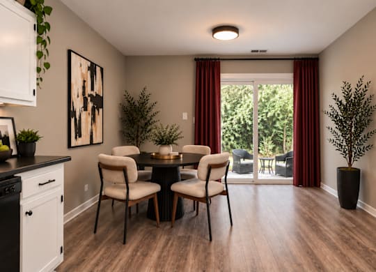 A dining room with a table and chairs.