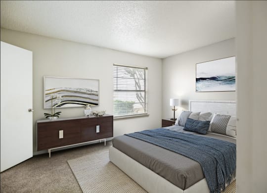 a bedroom with a bed and a dresser and a window
